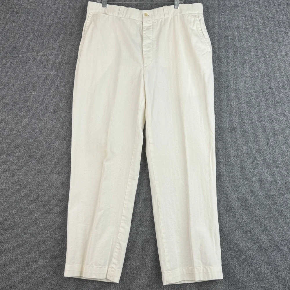 Polo Ralph Lauren Pants Mens 38L Ivory Herringbone Cotton Pleated Cuffed Casual